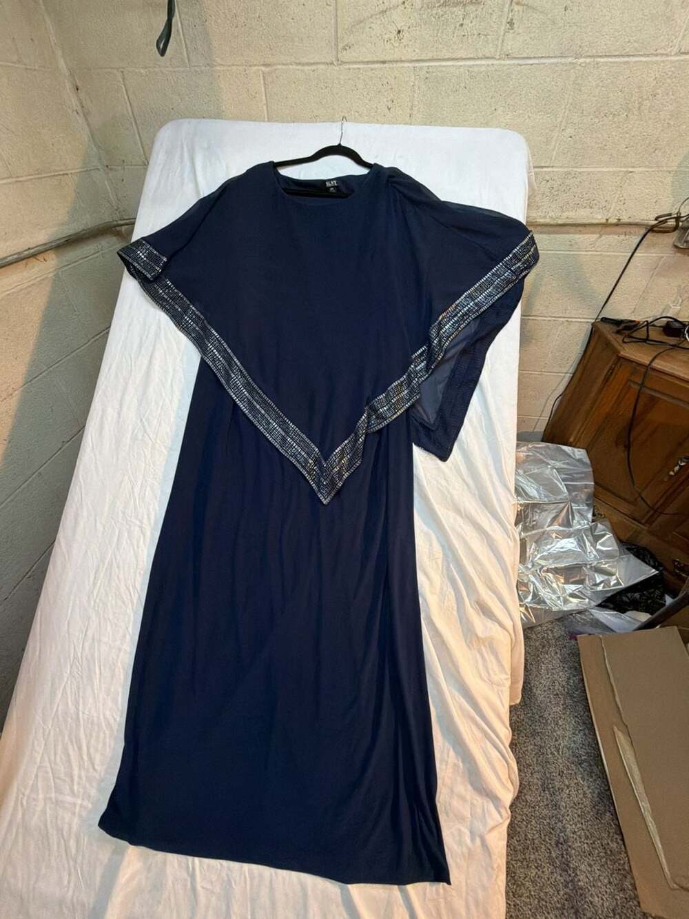 SLNY Fashions Navy Blue Asymmetrical Capelet Sheath Dress with Silver Foil Trim